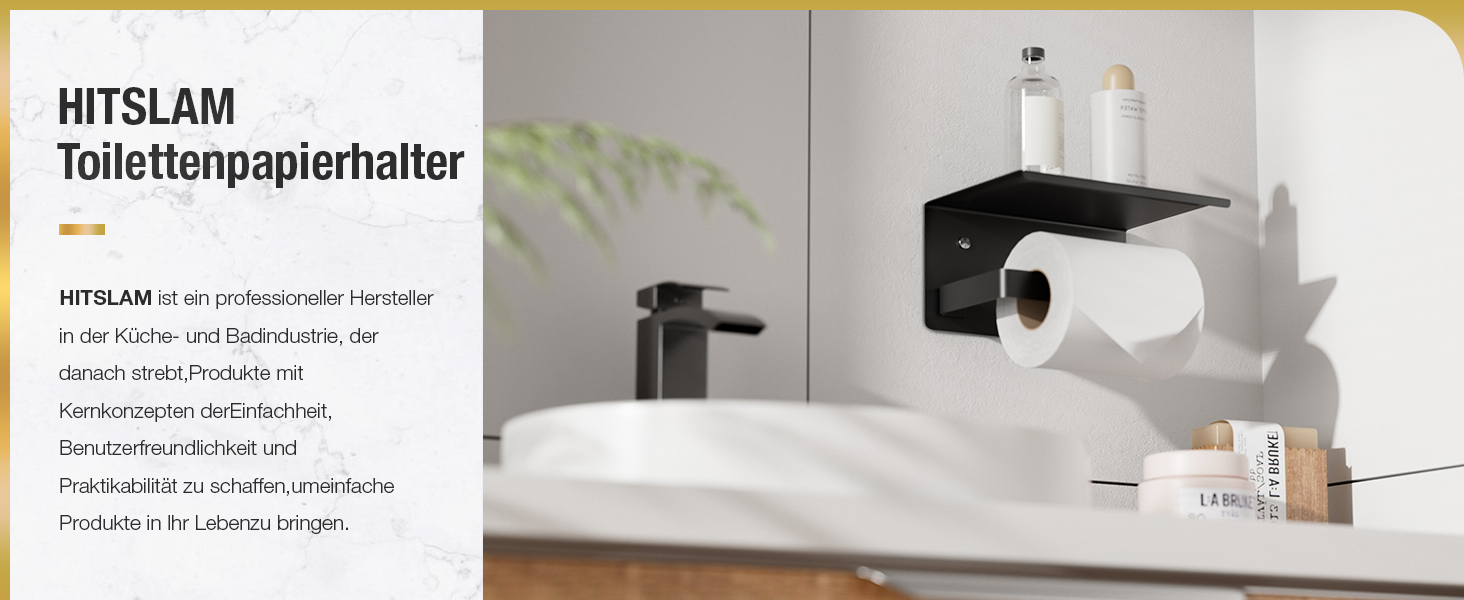 Тримач туалетного паперу HITSLAM без свердління, чорний, нержавіюча сталь з полицею, самоклеючий, для ванної кімнати