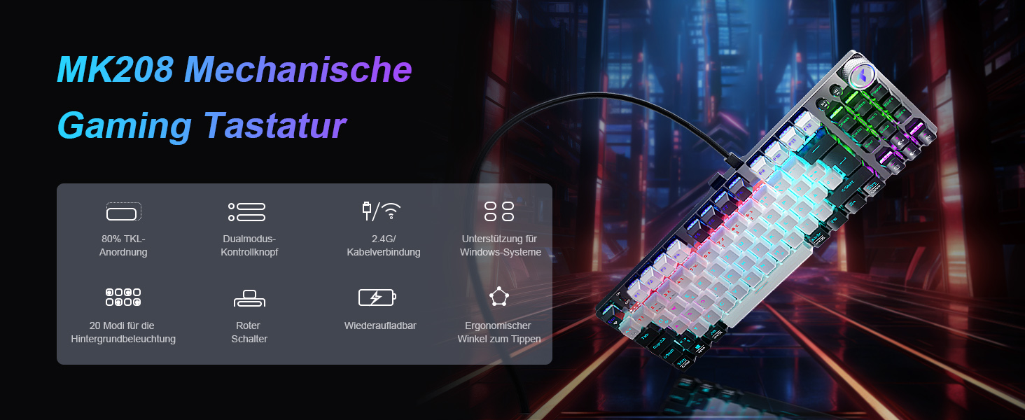 Механічна ігрова клавіатура TECURS бездротова, 80% TKL з підсвічуванням, Red Switch, QWERTZ, для ПК, ноутбука, Windows, чорно-біла