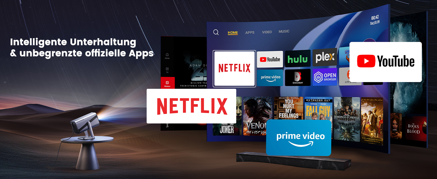 Проектор Mini Beamer 4K Smart з автофокусом та корекцією трапецеїдальних спотворень, WiFi6, Bluetooth, Dolby Audio, 600ANSI, 1080P, для дому та відпочинку на відкритому повітрі, сріблястий