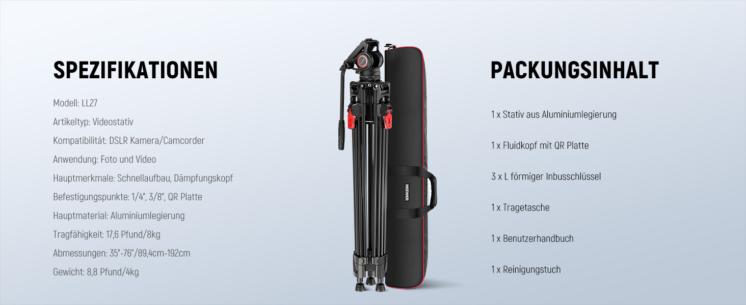 NEEWER Штатив відео професійний 74' з Fluid-головкою, сумісний з DJI RS, для DSLR, вантажопідйомність 8кг (LL27)