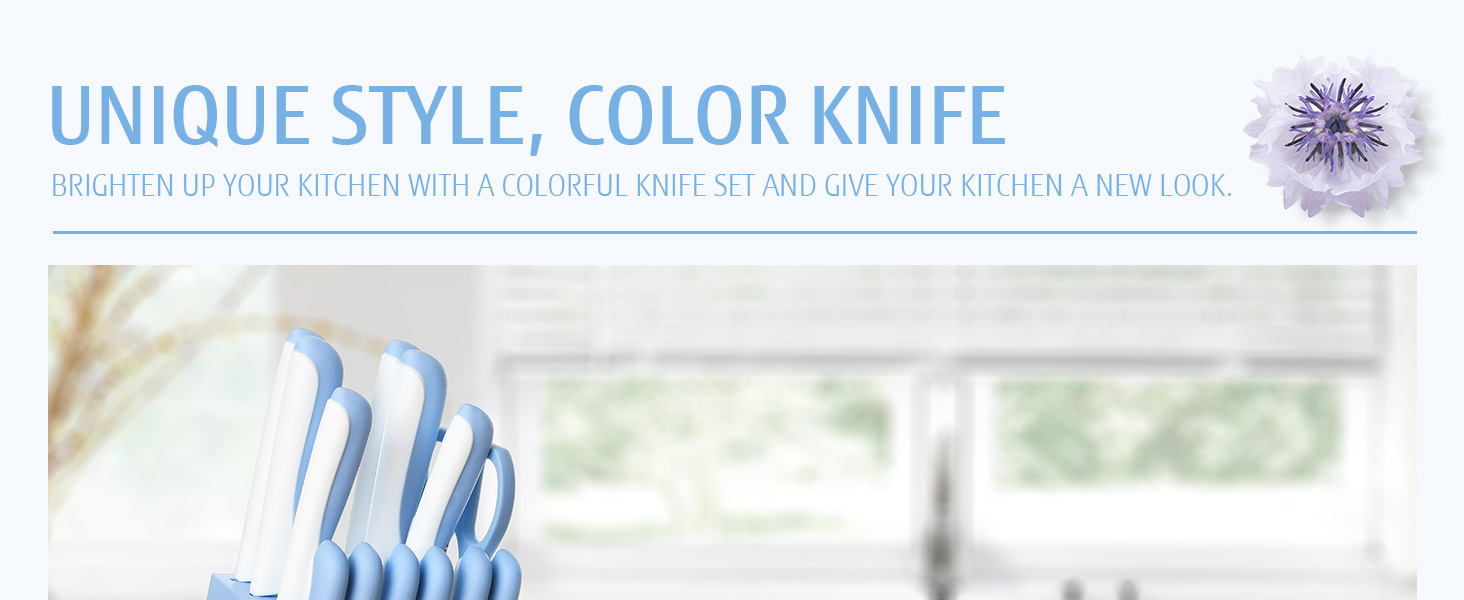 Набір ножів Hecef 14 предметів у блоці, з антипригарним покриттям, для миття в посудомийній машині, самозаточуваний блок, ергономічні ручки, кухонний набір для будь-якої кухні (блакитний)