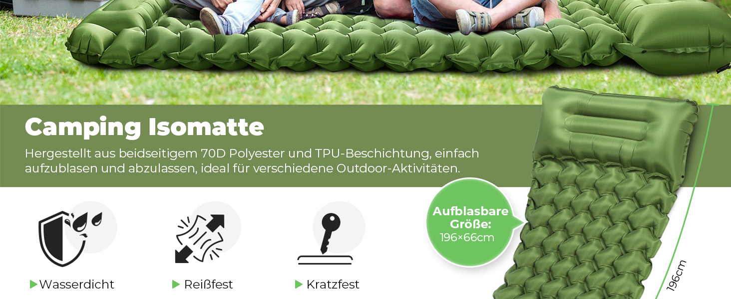 Glymnis Isomatte Camping Air Mattress - 9cm Thick with Foot Pump & Pillow - Ultralight Outdoor Sleeping Pad for Camping, Hiking & Travel - Army Green