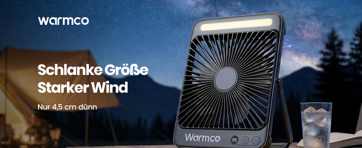 Вентилятор для кемпінгу Warmco 20000mAh з лампою та дисплеєм, 15-48 годин роботи, тихий, ультратонкий, з гачком, USB, чорний