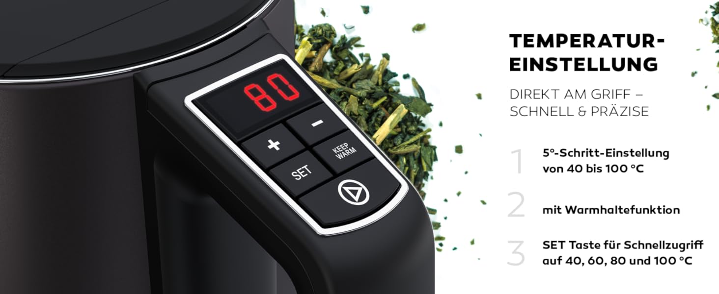 Balter Stainless Steel Electric Kettle with Temperature Control - 40°C to 100°C, Double Wall, BPA Free, 1.7L, 2200W, Quiet Kettle - Dark Grey