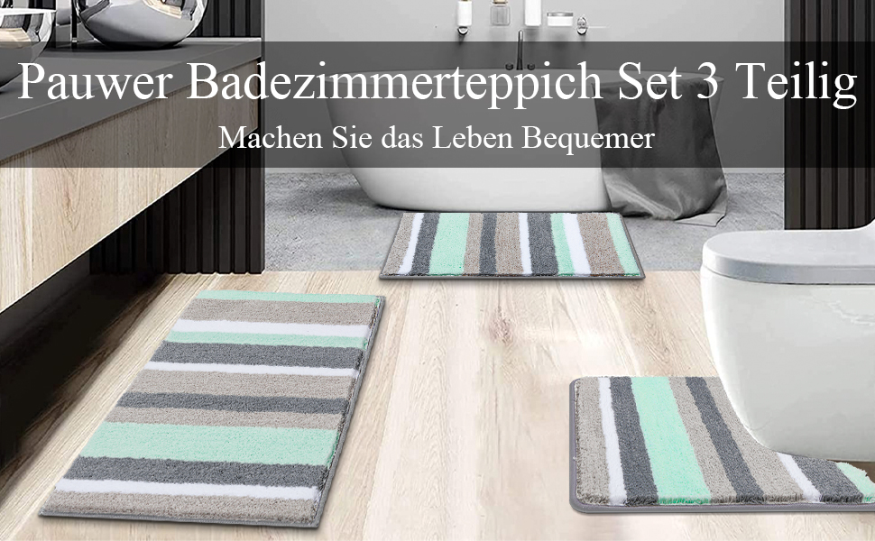 Pauwer Microfiber Bath Mat Set - 3 Piece Non-Slip Absorbent Bathroom Rugs for Shower, Bathtub & Toilet - Washable Bath Mat & Toilet Mat (Green)