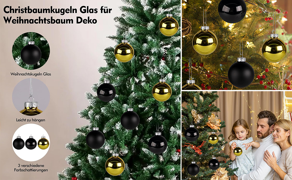 Набір ялинкових прикрас Hengsong - 24 чорні скляні кулі з золотом, 6 см
