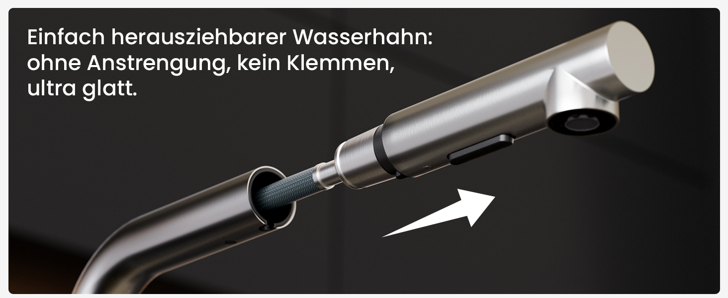 Змішувач для кухні CECIPA X203B чорного кольору з висувною лійкою, поворотний на 360°, з двома режимами струменя, нержавіюча сталь