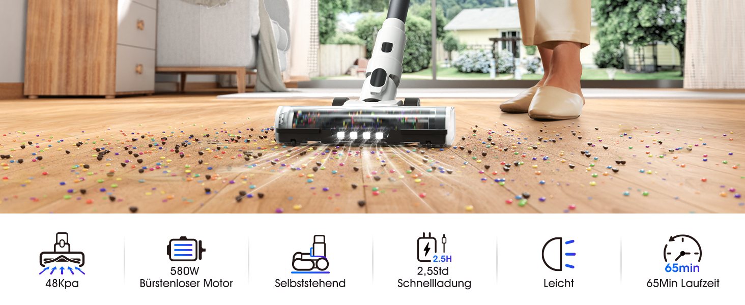 Бездротовий пилосос Klarpul 4800Pa з LED-дисплеєм та антизаплутувальною насадкою, 65 хвилин роботи, швидка зарядка 2 години, для твердих поверхонь та килимів, срібний