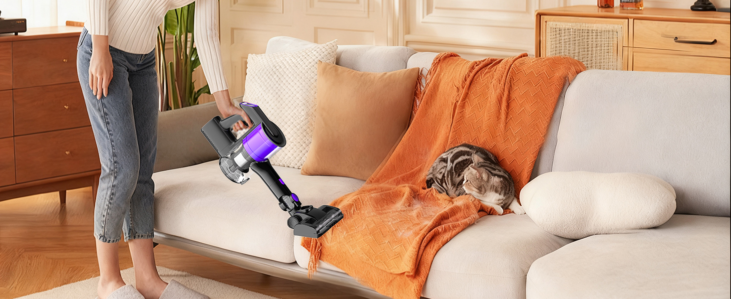 Бездротовий акумуляторний пилосос Hearten 4-в-1 з LED дисплеєм та антизаплутувальною насадкою, сенсорне управління, для видалення шерсті тварин, килимів та твердих поверхонь (фіолетовий)