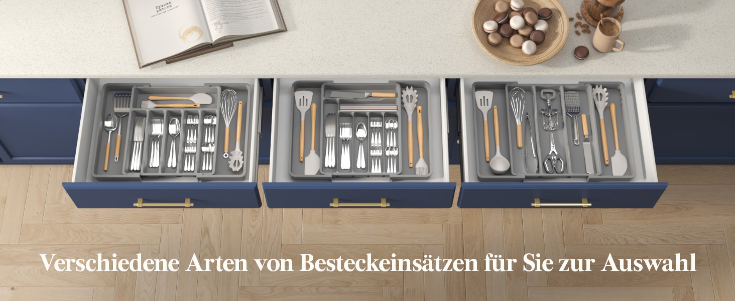 Органайзер для столових приборів Lifewit в шухляду, розсувний, пластиковий, 7-9 відділень, сірий, глибокий 38 см - великий розмір