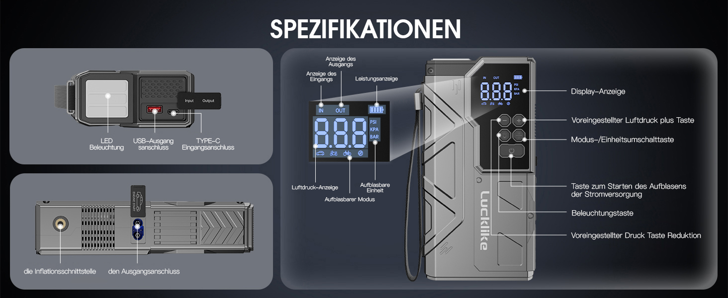 Powerbank з компресором Lucklike для авто, 4000A, LED-ліхтарик, бустер для 10.0л бензинових та 8.0л дизельних двигунів, підходить для SUV, мотоциклів та газонокосарок