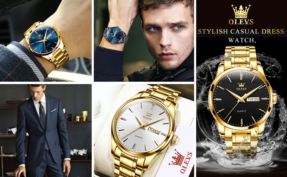 Чоловічий наручний годинник OLEVS класичний кварцовий, водонепроникний, зі сталевим ремінцем та індикатором дати, чорний із золотом