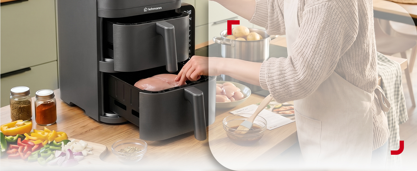 Аерофритюрниця з двома камерами LEHMANN XXL 12L, 2800 Вт, антипригарне покриття, 10 програм, без олії, сіра