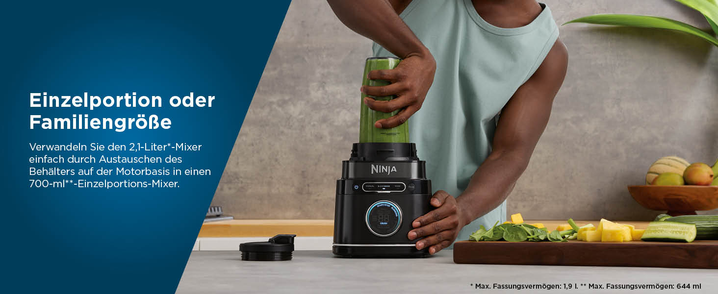 Ninja 2-in-1 Detect Power Mixer Pro with Single Serve - 1200W Power Blender with Pitcher & 2 Single Serve Cups - Smoothie, Vegetable & Frozen Drink Mixer - TB301EU