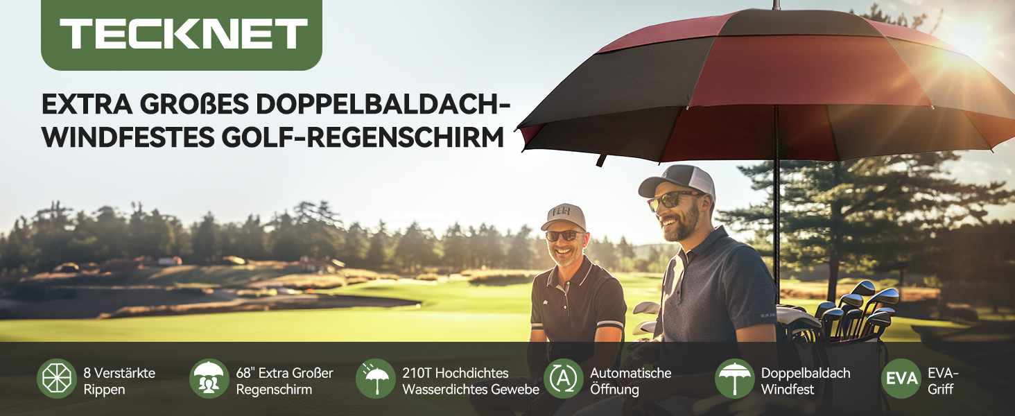TECKNET Головний парасолька велика XXL, гольф-парасолька 68 дюймів, стійка до вітру, з подвійною конструкцією, вентильована, з великою ручкою EVA, для жінок та чоловіків, чорна та червона, діаметр 150 см