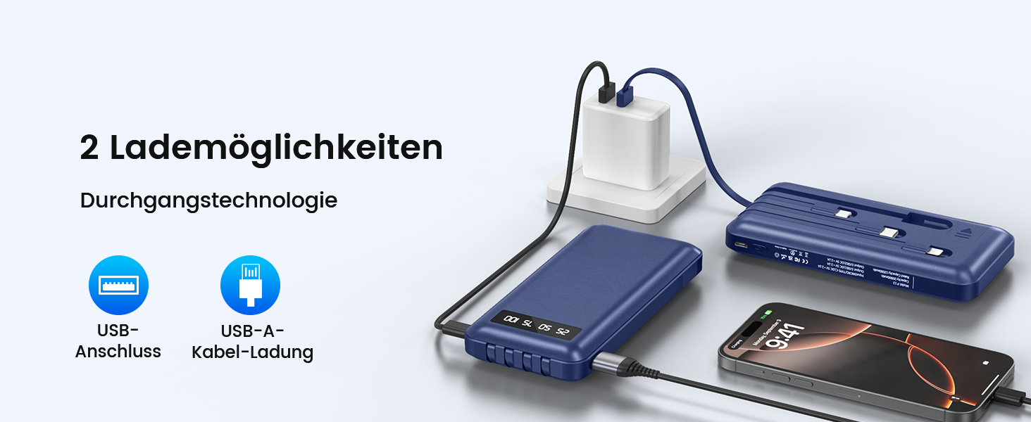 Powerbank 26800mAh з 4 вбудованими кабелями, 22.5W, LED дисплеєм та підставкою, блакитний. Сумісний з iPhone, iPad, Samsung Galaxy.