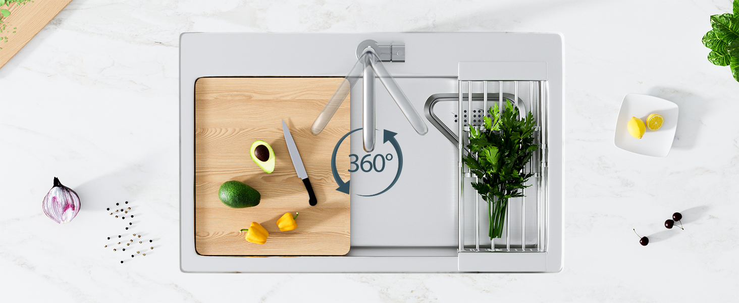 Змішувач для кухні FORIOUS з поворотним гусаком 360°, однорідний, з нержавіючої сталі, для встановлення в 1 отвір