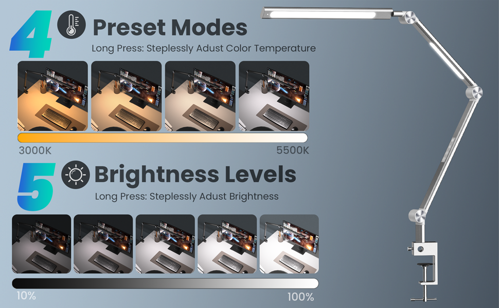 LED лампа для столу VERSKI 18W з регулюванням яскравості та 5 колірними температурами. Захист очей, для офісу та дому. Кріпиться на стіл.