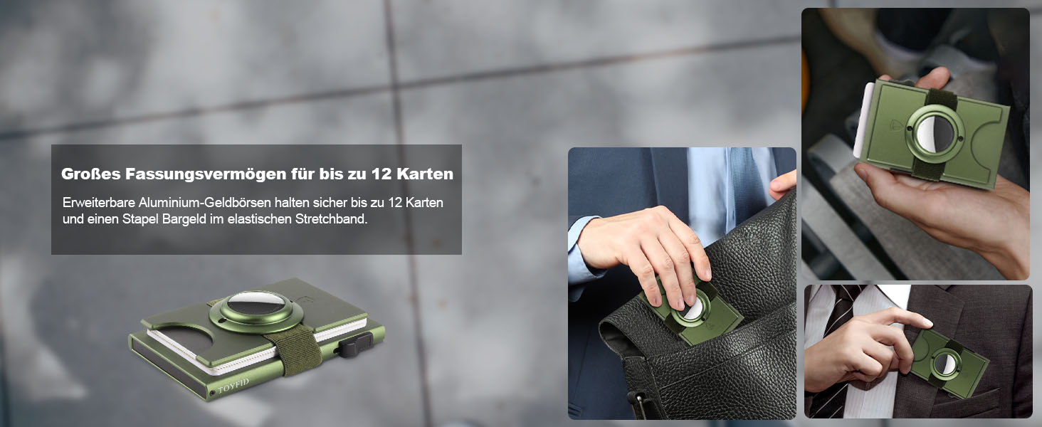 Чоловічий гаманець TOYFID з відділом для AirTag, 12 слотів для карток, відділення для паперових грошей, RFID захист, швидкий доступ до карток, алюміній, зелений з кишеню для AirTag