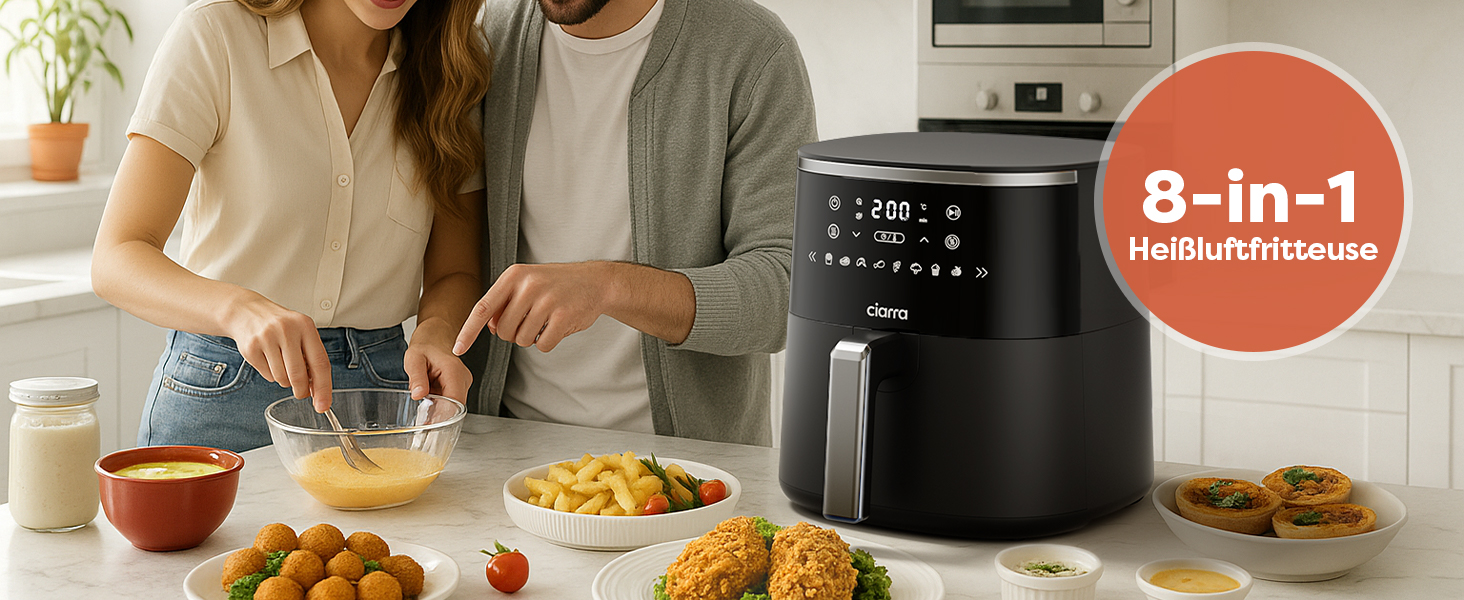 Фритюрниця без олії Ciarra CBAWAF1A AirFryer XL 5л, 1500W, 8 програм, 80-200°C, RapidAir, Touchscreen, Чорний
