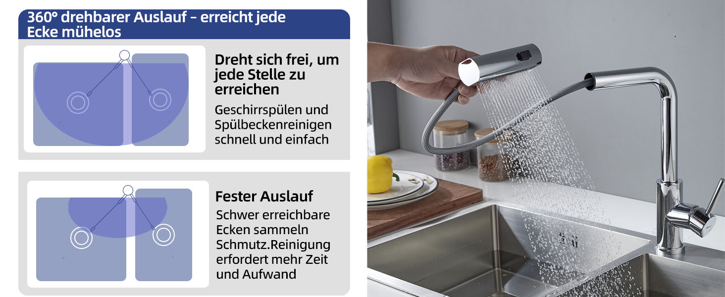 Змішувач для кухні BELZ з висувною лійкою, 3 режими, поворотний на 360°, з нержавіючої сталі SUS304, матовий хром