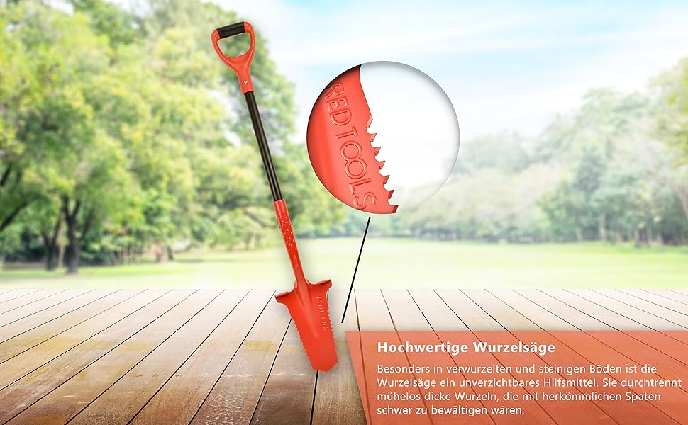 Садова лопата Red Tools Power Head з кореневою пилкою, 115 см, міцне лезо для кам'янистих і твердих ґрунтів, із підпорою для ноги та м'якою ручкою (сіра)
