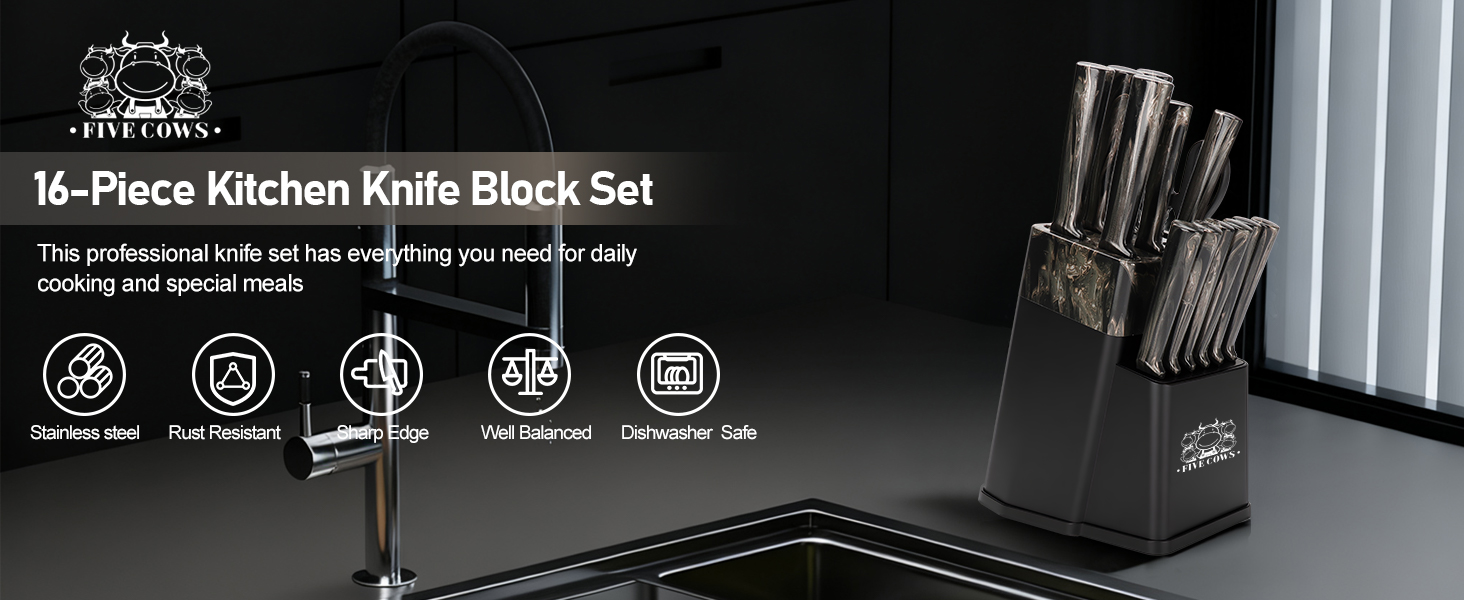 Набір кухонних ножів Messerblock з 16 предметів, з дощечкою, захистом пальців, точилкою та кухонними ножицями, професійний набір для дому (зелений, чорний)