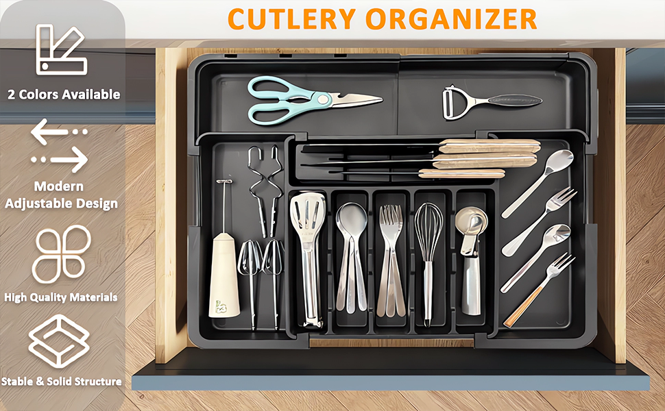 Органайзер для столових приборів ZHUlYIWIN в шухляду, розсувний, з тримачами для ножів (сірий)