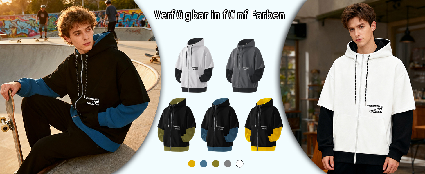 Чоловіча толстовка з капюшоном RUIZEHONG з блискавкою, блоковий колір, з кишенями, повсякденна, біло-чорна, розмір XL