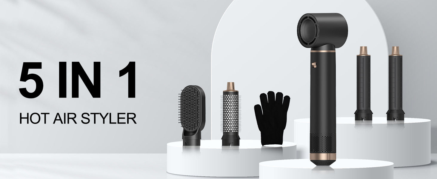 Професійний стайлер для волосся 5 в 1: фен, плойка, щипці, щітка для об'єму та випрямлення, іонний, для всіх типів волосся, чорний
