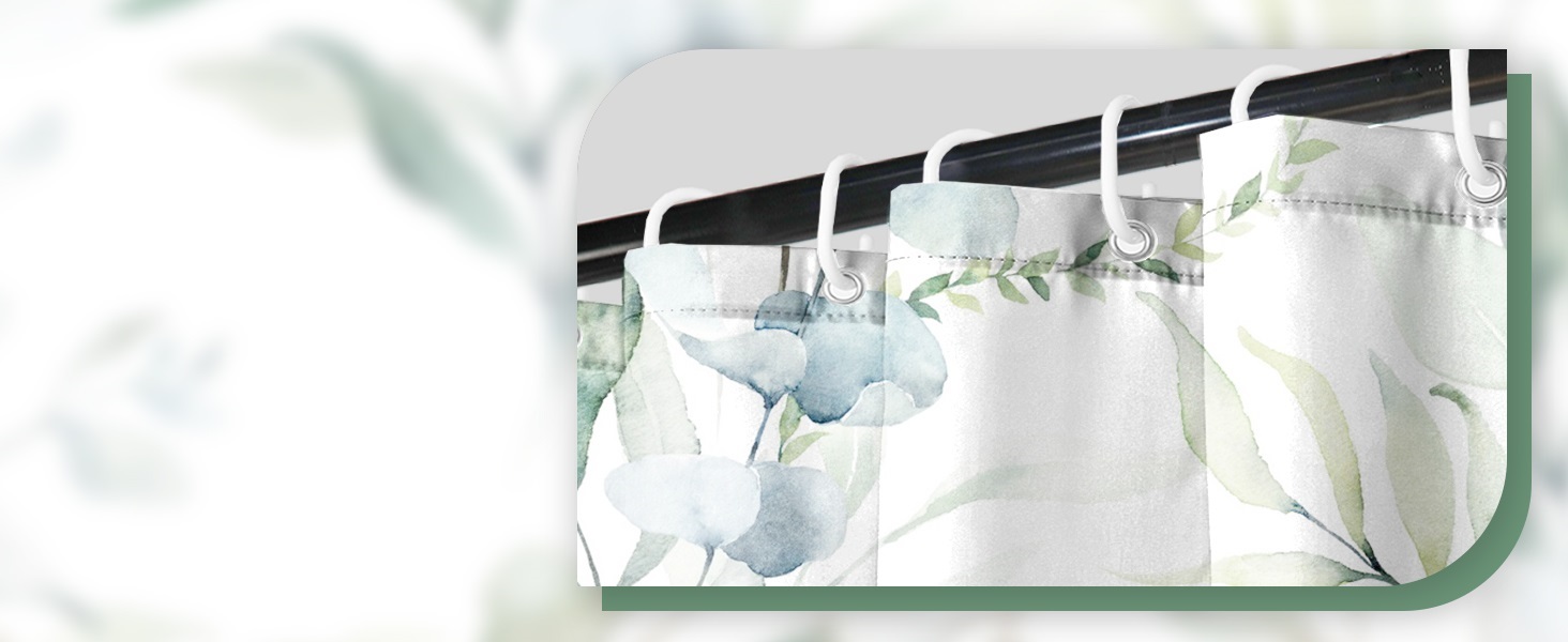 Штора для душу 120x200 см з евкаліптом, зелені листя, акварель, анти-грибок, водонепроникна, поліестер, з гачками для ванної кімнати