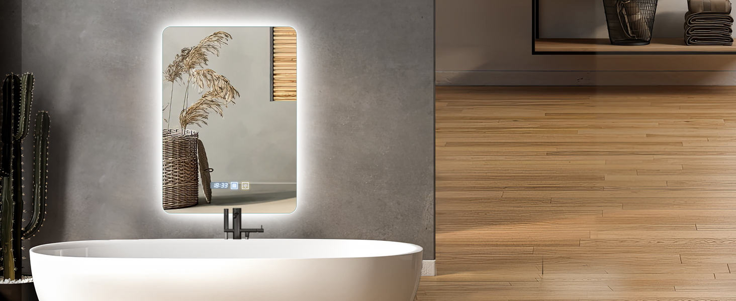Дзеркало для ванної кімнати Viugreum з підсвічуванням 50x75 см, овальне LED дзеркало для ванної, диммування, 3 кольори світла, проти запотівання, годинник, сенсорна кнопка, дзеркало з LED підсвічуванням для ванної кімнати, вітальні (50x70 см)