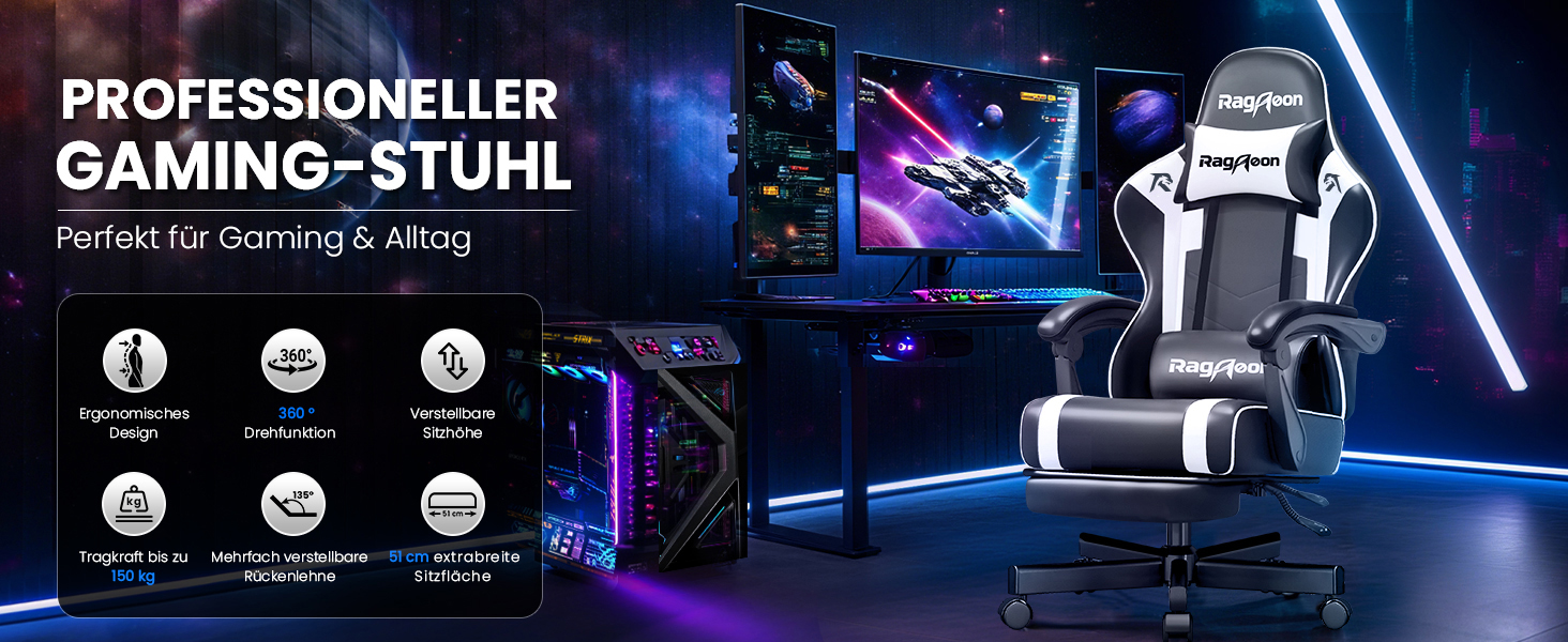 Геймерське крісло Gaming Stuhl з підставкою для ніг, регульованою спинкою та підтримкою попереку, чорне, до 200 кг