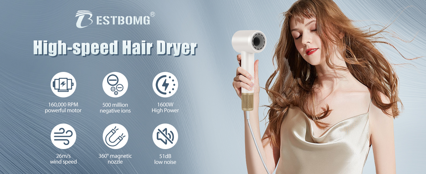 BESTBOMG Фен для волосся з LED-дисплеєм, 160 000 об/хв безщітковий двигун, 500 млн негативних іонів, тиха робота (білий)