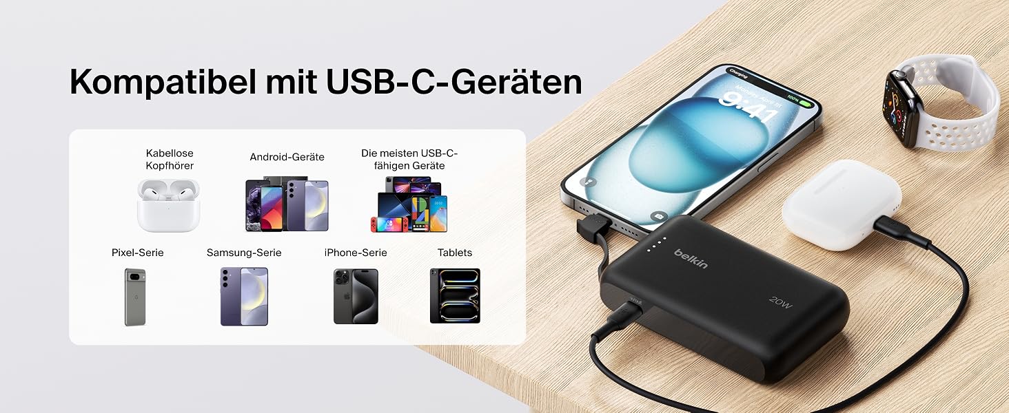 Повербанк Belkin BoostCharge 10000mAh 20W з вбудованим кабелем USB-C, LED-індикатором, чорний