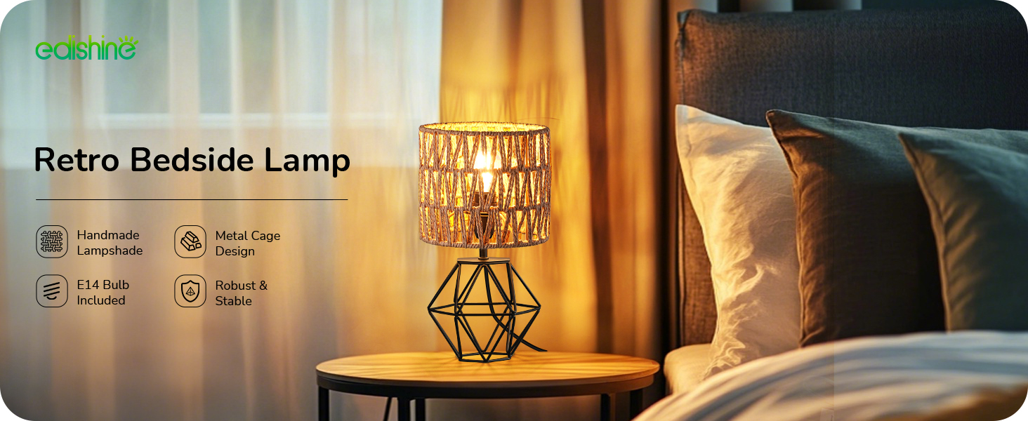 EDISHINE Настільна лампа, сучасний індустріальний дизайн, цоколь E14, вінтаж, для спальні/вітальні, білий & золотий (ротанг + чорний)