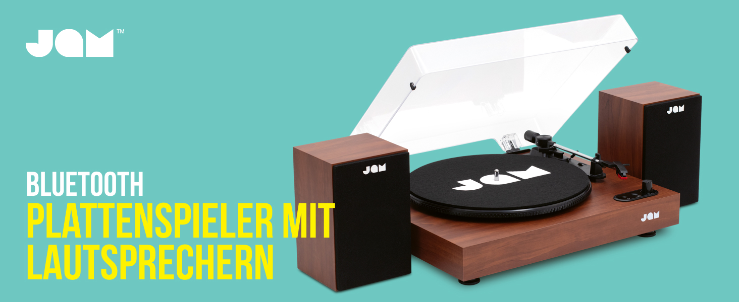 Програвач вінілу JAM з колонками Bluetooth – чорний (горіх) | 3 швидкості, пилозахисний ковпак, попередньо налаштований тонарм, засіб для чищення вінілу в комплекті