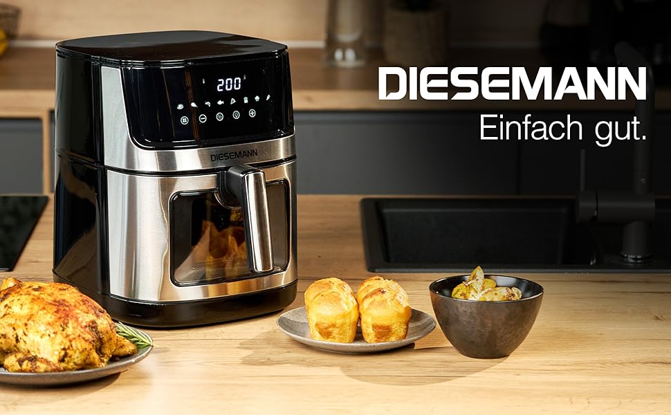 Фритюрниця повітряна DIESEMANN XXL 7.3L – 2000W з 2 нагрівальними елементами (верхній та нижній нагрів), вікно огляду та 8 програмами – для смаження, випікання та грилю без олії