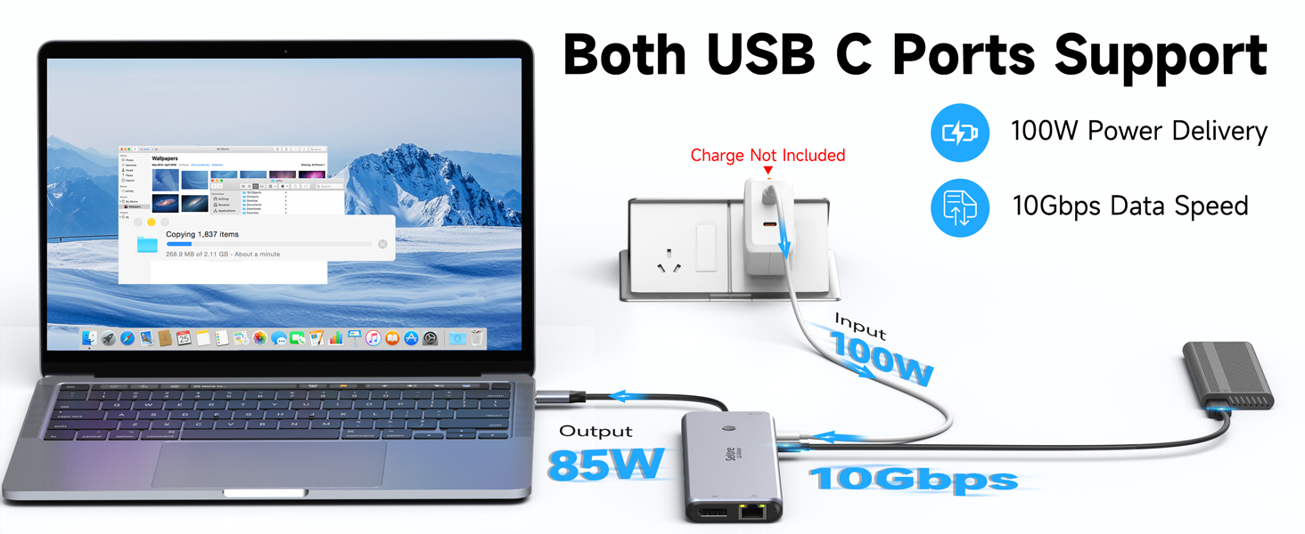 Док-станція USB C 13 в 1 для трьох моніторів: Dual HDMI 4K, DisplayPort, 10G USB 3.1, Ethernet, PD 100W, аудіо/мікрофон, сірий