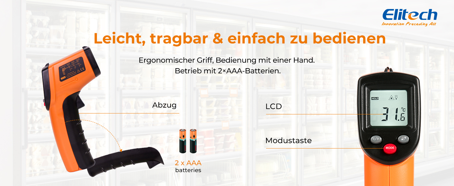 Інфрачервоний термометр Elitech -50~530℃: швидке вимірювання, лазерна ціль, для промисловості, будівництва та дому