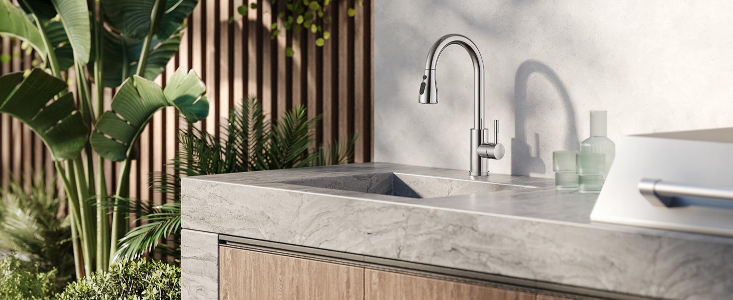 Змішувач для кухні FORIOUS з висувною лійкою, 360° обертання, 2 режими, нержавіюча сталь