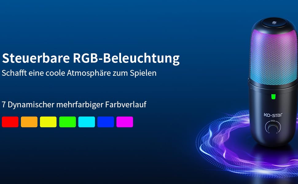 KO-Star USB мікрофон з RGB підсвіткою для ПК та смартфона – конденсаторний мікрофон зі штильником, регулятором підсилення, поп-фільтром та антивібраційним кріпленням для стрімінгу, подкастів та запису