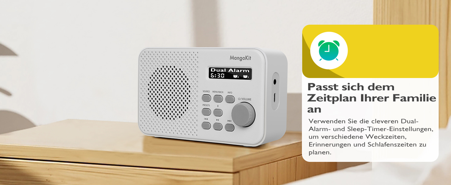 MD5 Стерео Радіо DAB з Bluetooth 5.3 та 2.4' Кольоровим Дисплеєм, Портативне Цифрове Радіо UKW, 2.0 Стереозвук, 40 Пам'ять, Будильник, Повторний Будильник & Сон, USB-C Живлення (Від Мережі або від Батареї) (Колір: Горіх, Моно Кам'яне Сіре)