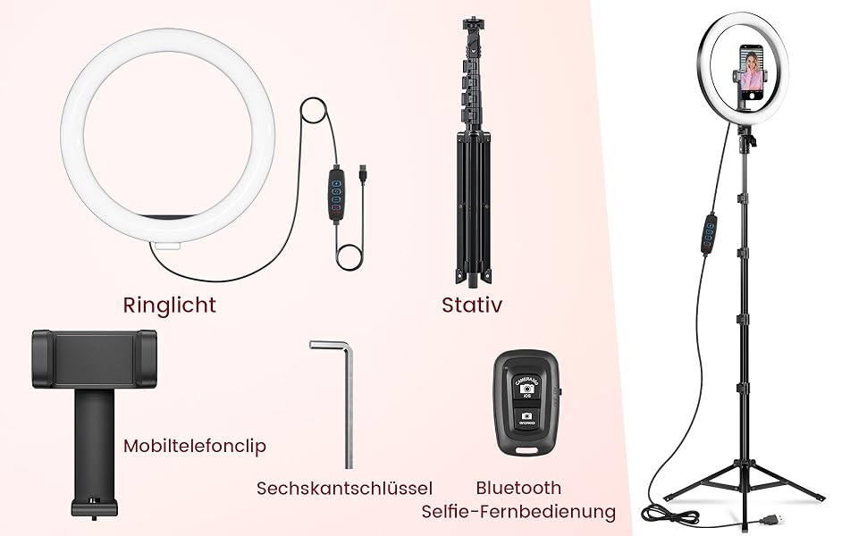 LED кільцева лампа 25 см з штативом 155 см та тримачем для телефону, регульована яскравість, для YouTube, відеозйомки, селфі, стрімінгу, макіяжу та фотографії