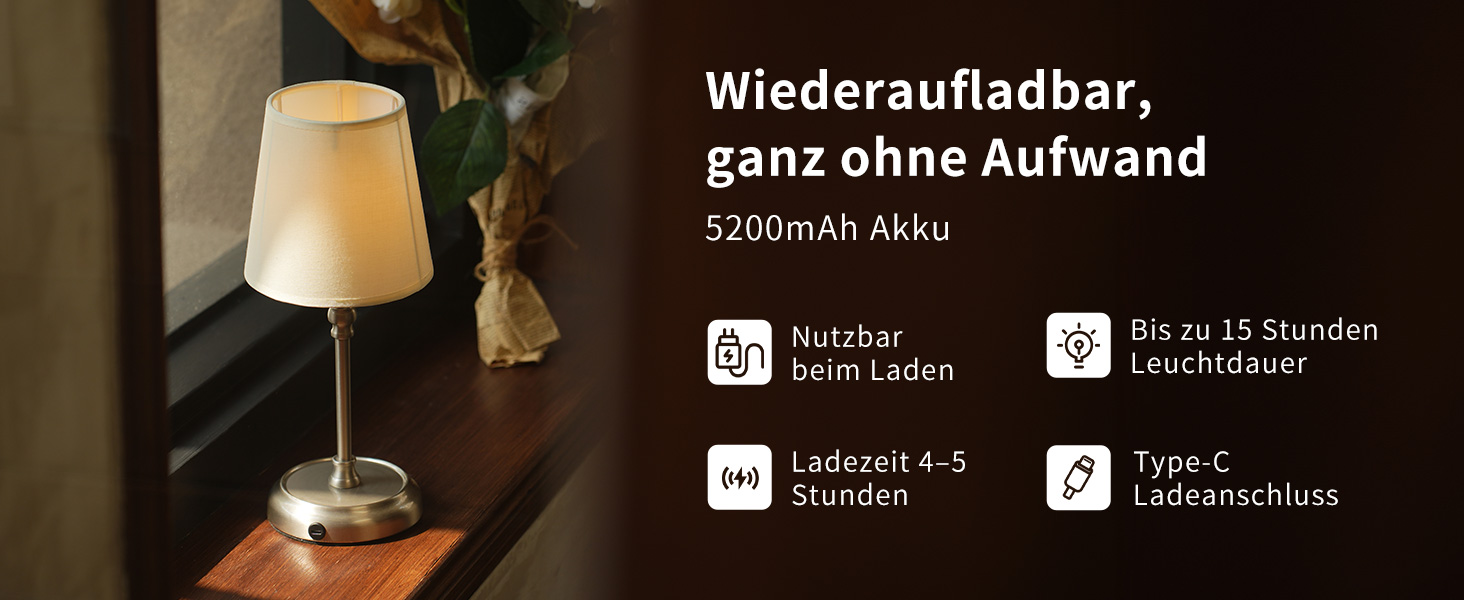 Нічник бездротовий акумуляторний Wiederaufladbare для вітальні, спальні, їдальні - Gold (з лампочкою, димування, сенсорне управління, 5200 mAh)