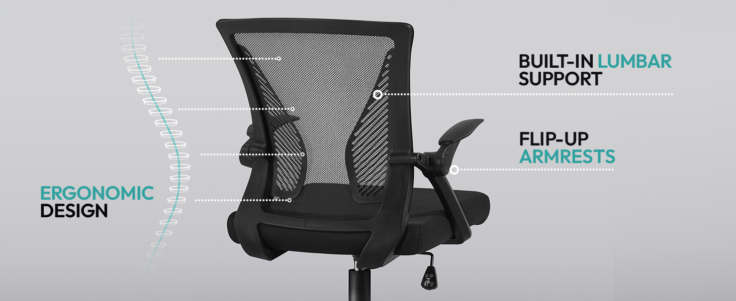 Офісне крісло Yaheetech ергономічне, комп'ютерне крісло з сітчастою спинкою, крісло для офісу з підлокітниками, крісло керівника з сітки, регульоване по висоті, вантажопідйомність 136 кг, дихаюче, функція гойдання (Чорний, відкидні підлокітники)