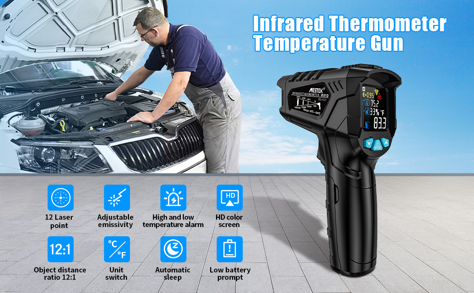 Інфрачервоний термометр MESTEK: безконтактне вимірювання температури (-50°C ~ 800°C) з лазерним цільовим покажчиком, LCD дисплеєм та регулюванням коефіцієнта випромінювання. Підходить для кухні, грилю, морозильної камери, промисловості.
