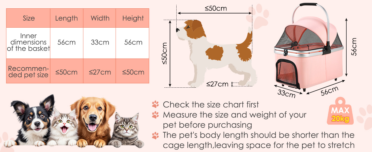Візок для собак Mamizo 3-в-1: візок, переноска, сумка, до 20 кг, поворотні колеса, кошик, тримач для напоїв, для собак та котів (сріблястий, рожевий)