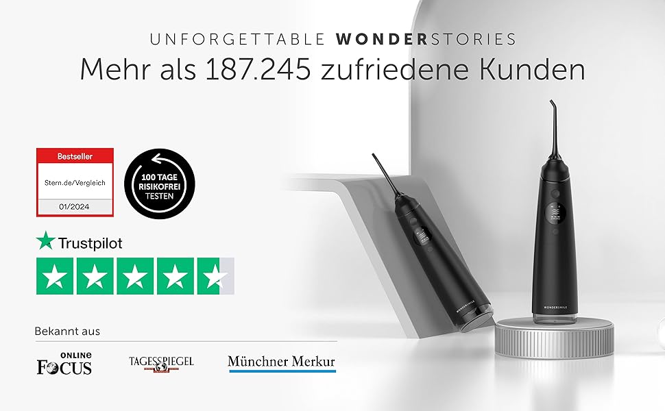 Електрична зубна щітка Wondersmile PRO - переможець тесту 2025 - 100 днів без ризику - сертифікована TÜV - 4 режими, акумулятор 60 днів, розумна насадка, 1 шт.
