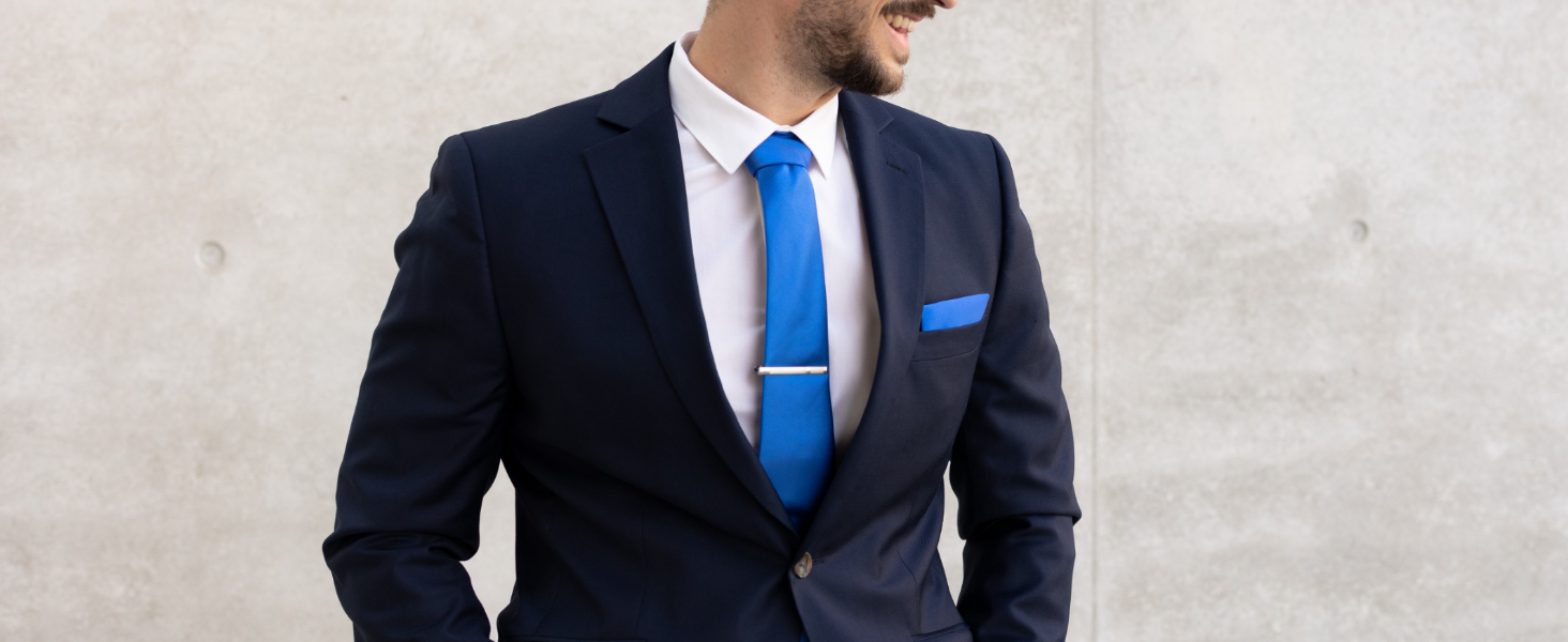 Набір краваток Massi Morino для чоловіків (з нагрудною хустиною, краваткозажимом та подарунковою коробкою) - темно блакитний, квадратний, для весілля